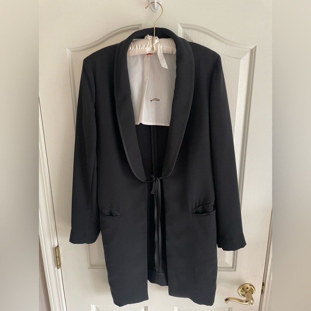 Maison Scotch & Soda Love long Black Blazer with crepe tie front shawl collar.
